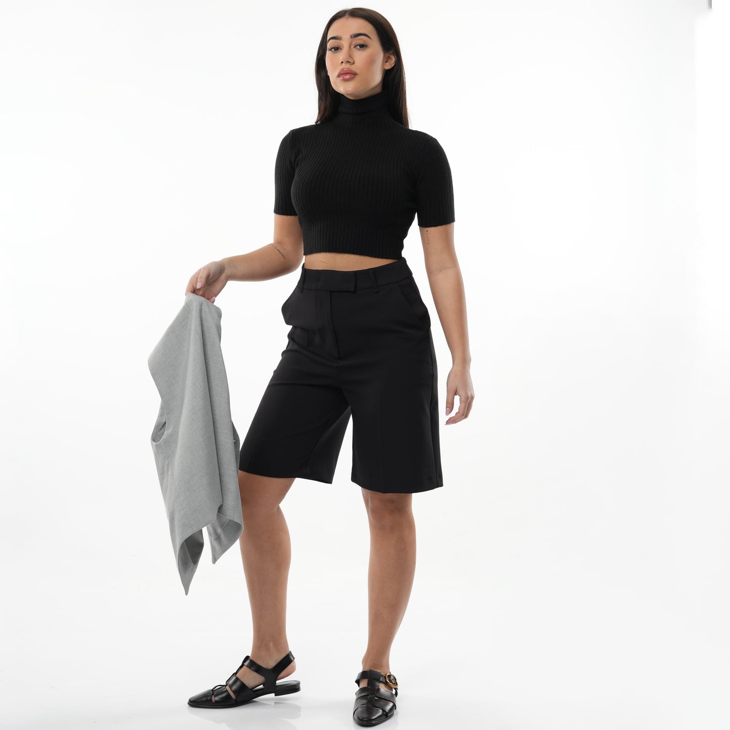 Turtle Neck Short Sleeve Knit Crop Top