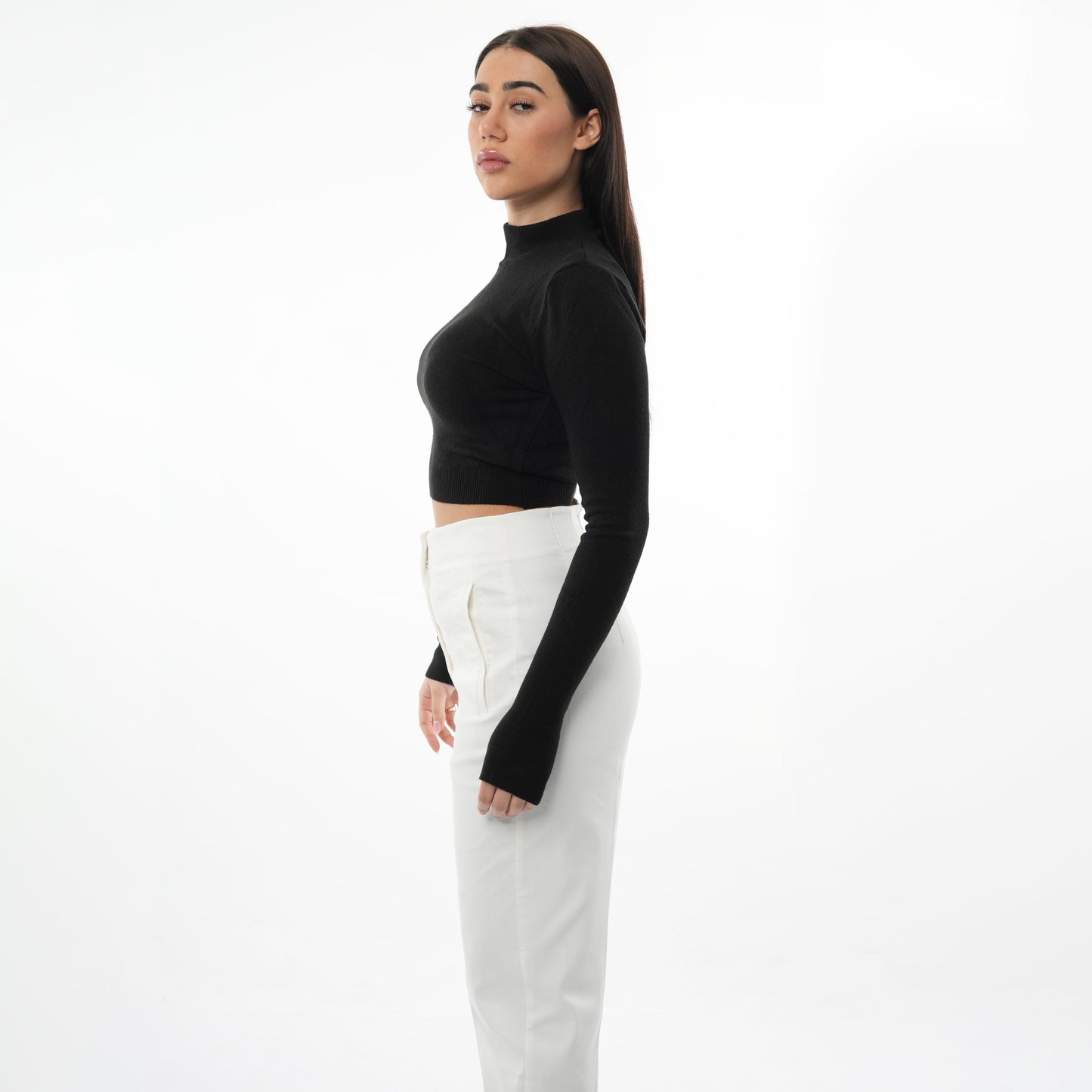 Turtle Neck Long Sleeve Knit Crop Top | Black