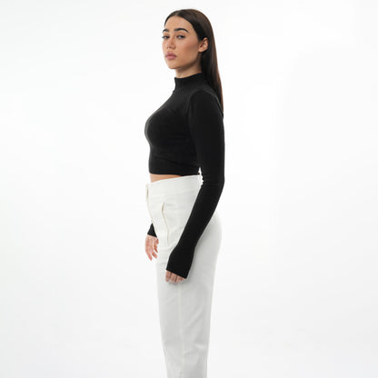 Turtle Neck Long Sleeve Knit Crop Top | Black