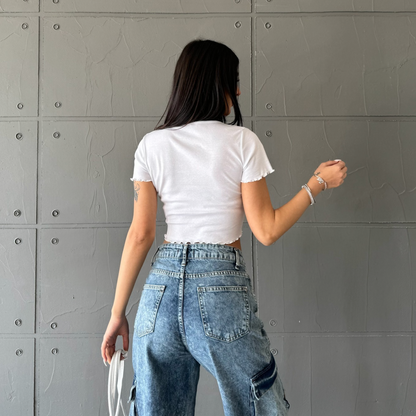 Ruffle Sleeve & V-Nech Crop Top | 2 Colors
